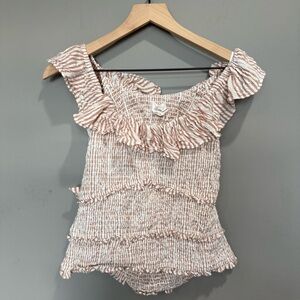 Anthropologie Cream and Brown Ruffled Smocked Blouse Sz M